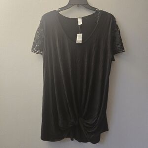 Womens Black Short Sleeve Scoop Neck Shirt, Lace Sleeves Knotted Front